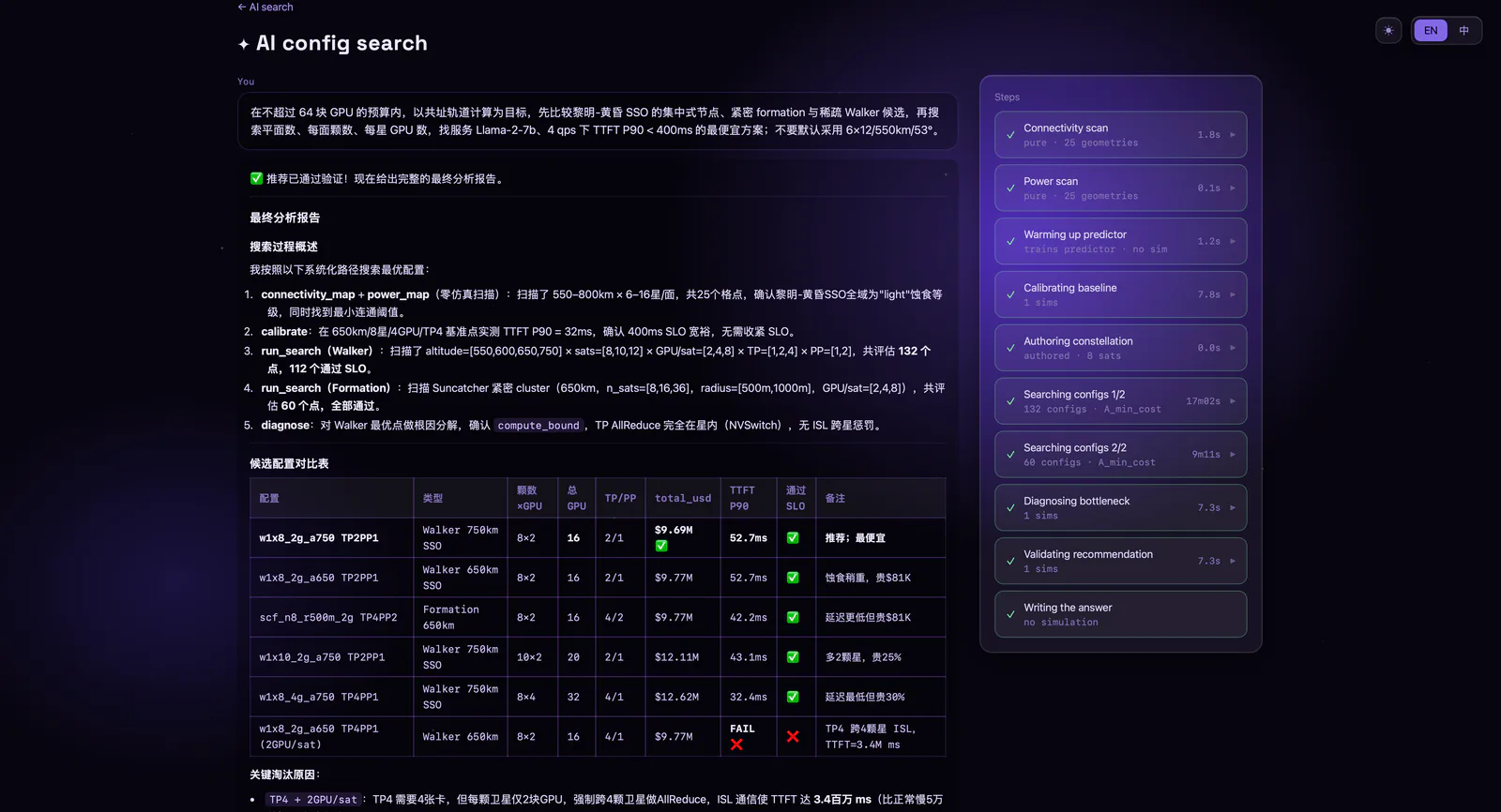 星移仿真器展示配置方案搜索与验证结果的界面